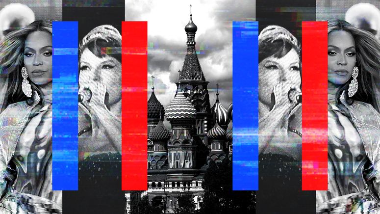 Imágenes duplicadas de Beyonce y Taylor Swift acompañadas de imágenes del Kremlin con franjas de color azul y rojo encima